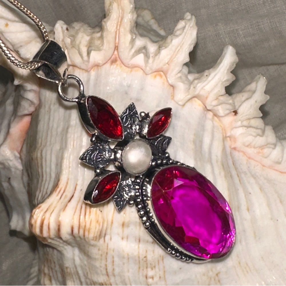 Watermelon Topaz + Biwa Pearl + Red Quartz vintage statement pendant